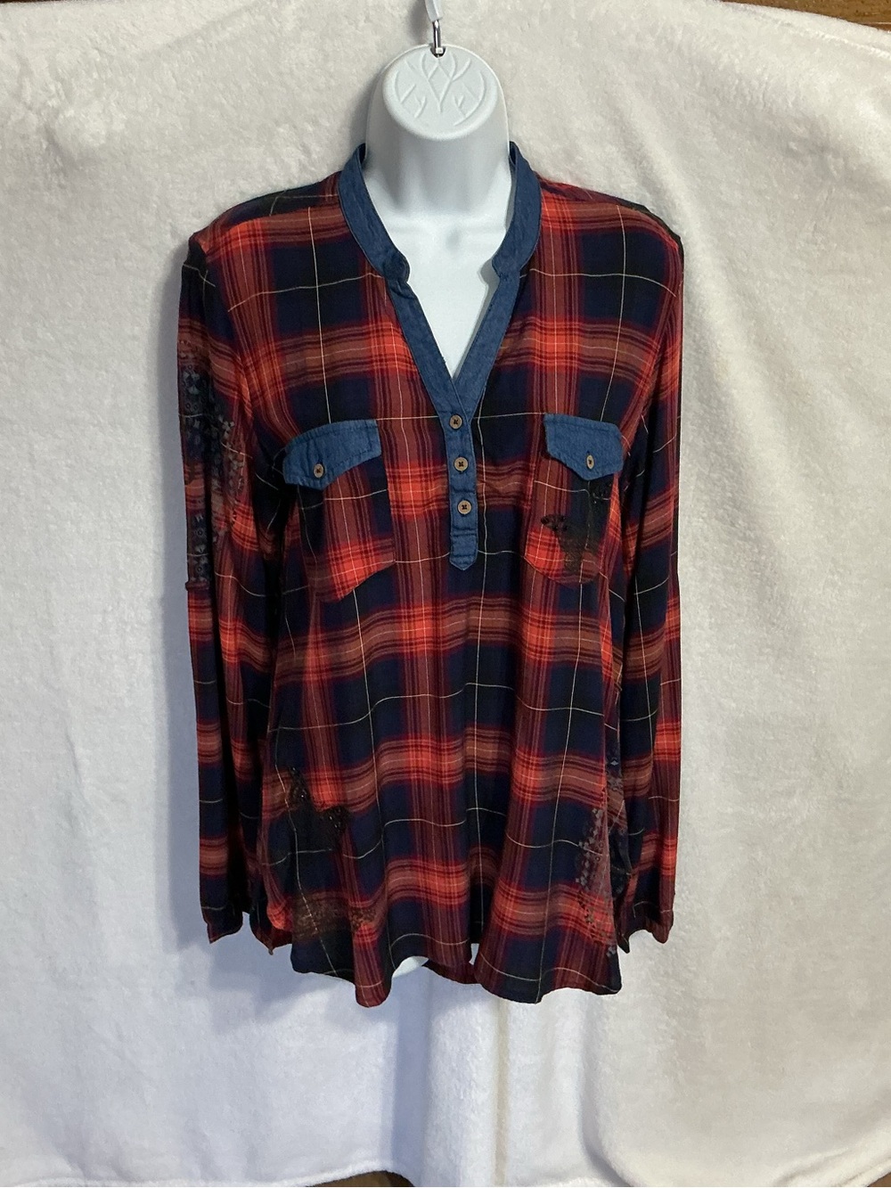 Desigual Red and Navy Plaid Button Front Shirt with Denim Trim